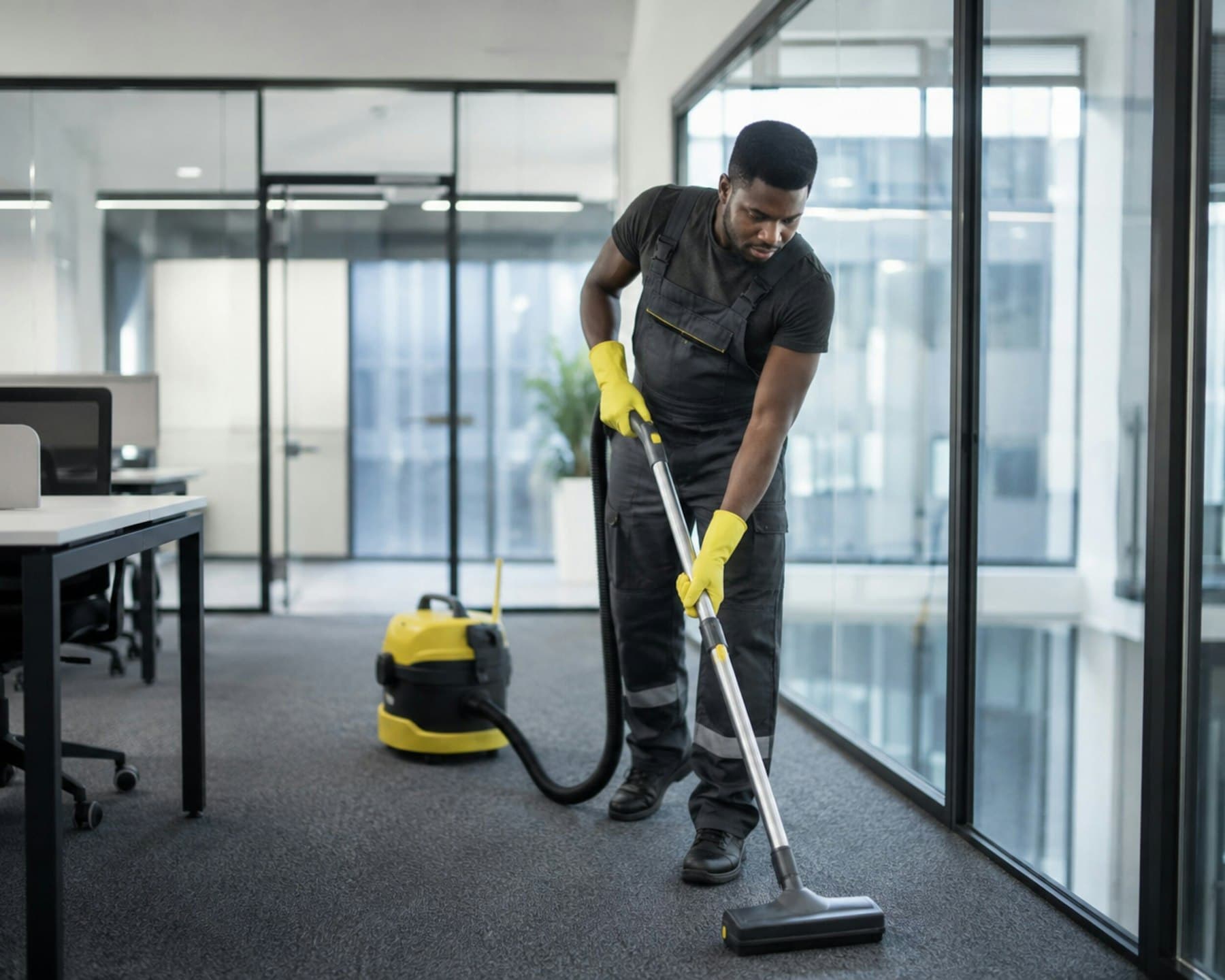 A cleaner vacuuming an office floor after hours.